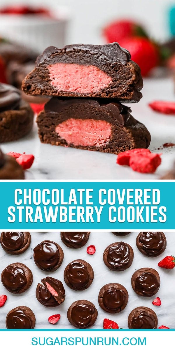 collage of chocolate covered strawberry cookies, top image of cookie cut open and stacked, bottom image of cookies on marble slab photographed from above