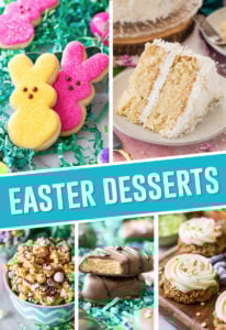 collage of best easter desserts, images include easter sugar cookies, coconut cake, bunny much, peanut butter eggs and carrot cake cookies