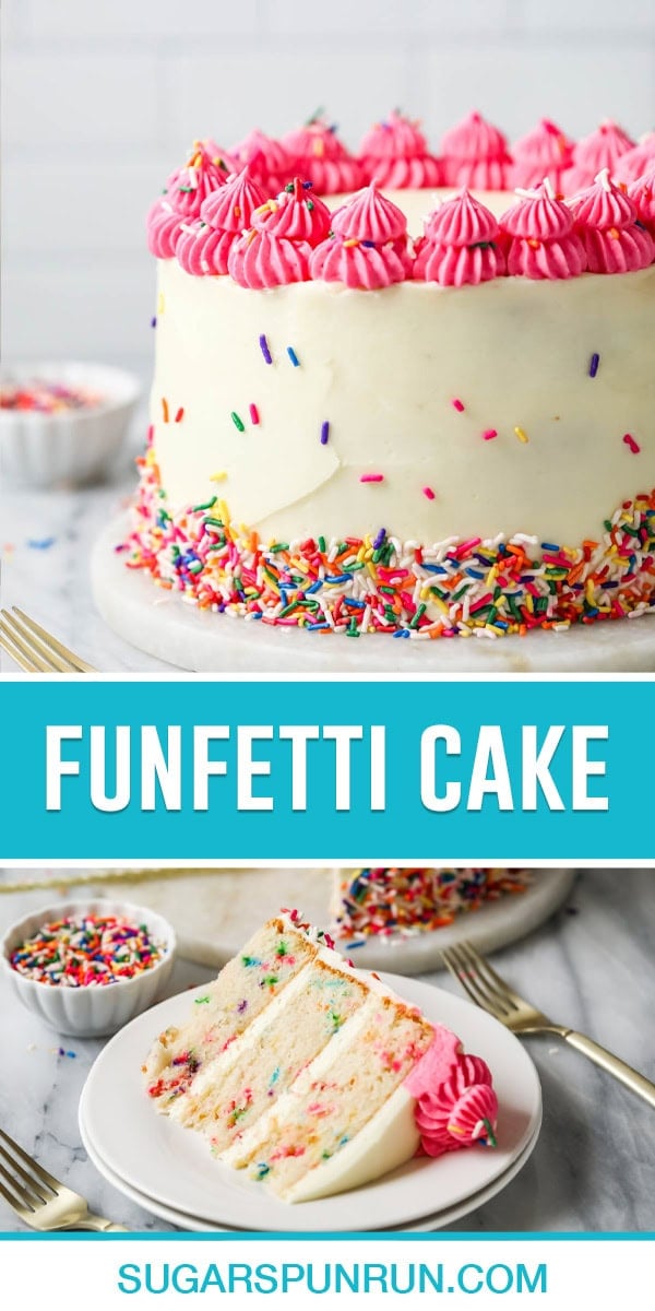 Collage of Funfetti Cake, Top image of full cake, bottom image of single slice on white plate