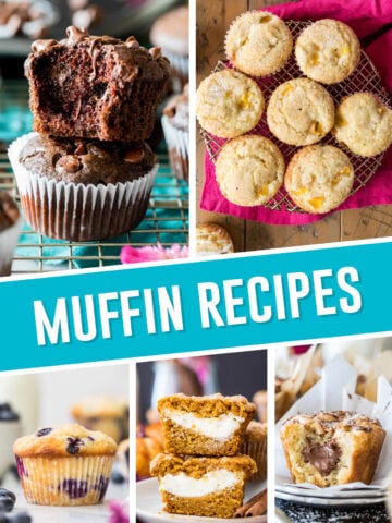 collage of best muffin recipes, top images of double chocolate muffins and peach, bottom images include blueberry, pumpkin and nutella