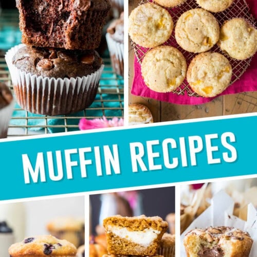 collage of best muffin recipes, top images of double chocolate muffins and peach, bottom images include blueberry, pumpkin and nutella