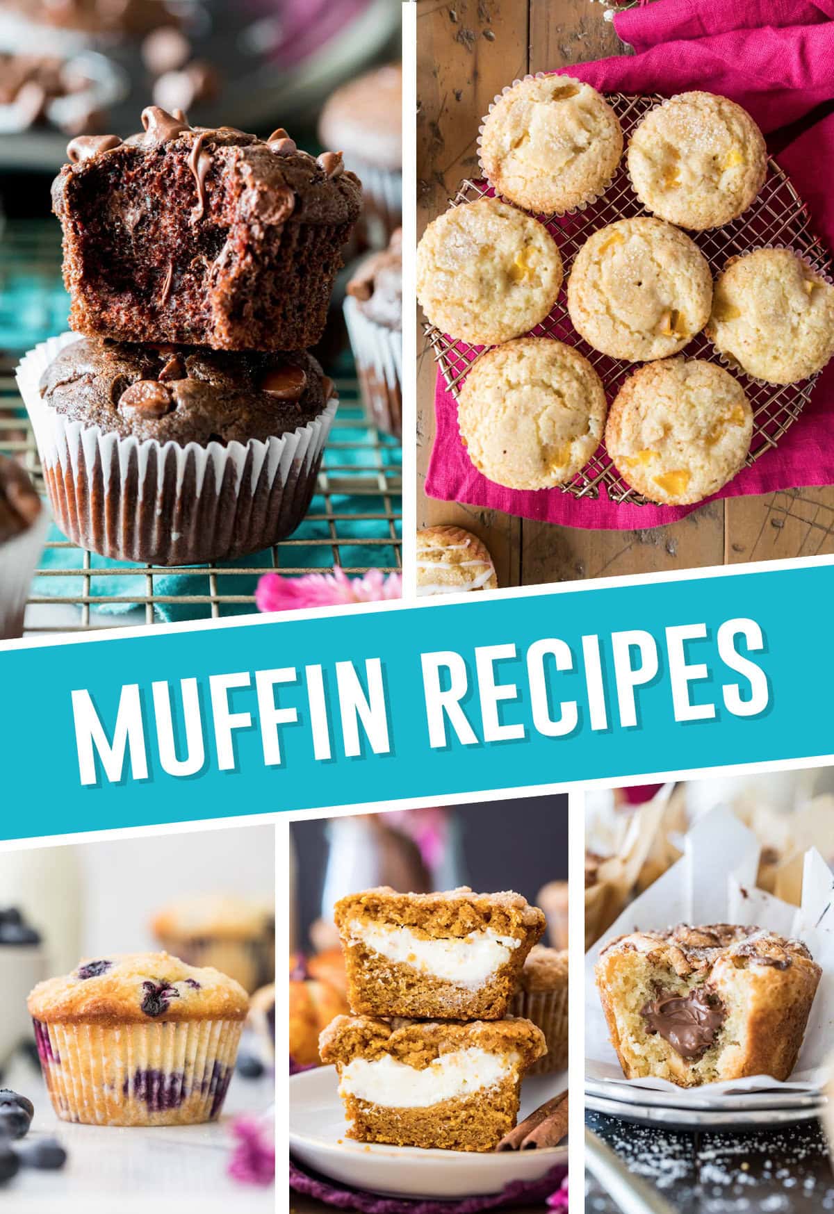 collage of best muffin recipes, top images of double chocolate muffins and peach, bottom images include blueberry, pumpkin and nutella