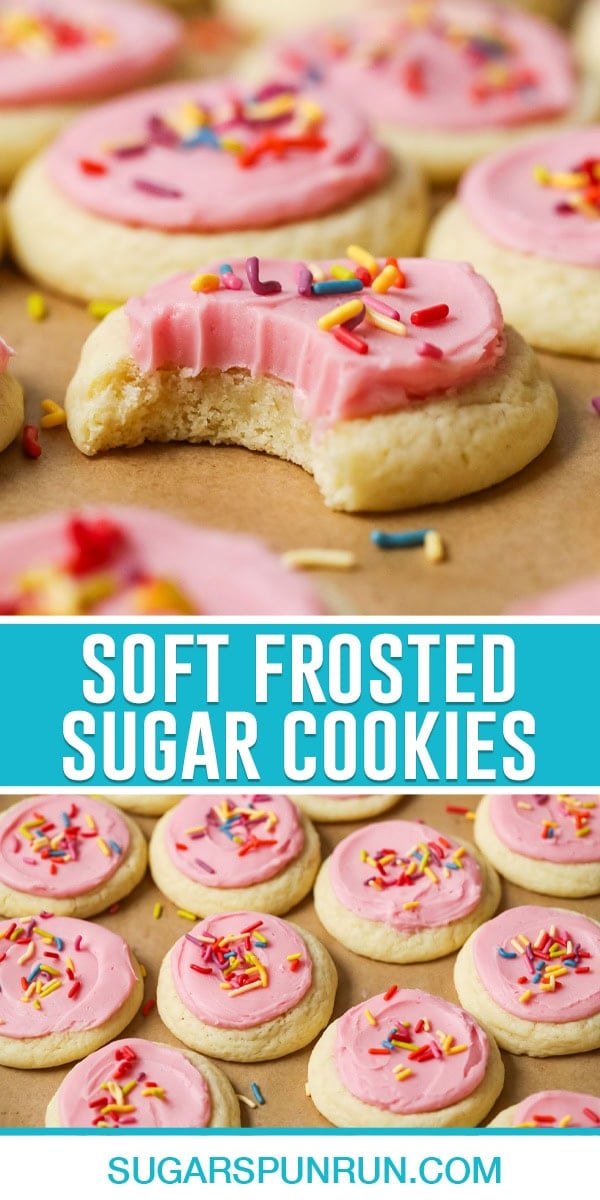 Collage of Soft Frosted Sugar Cookies, top image of single cookie close up with bite taken out, bottom image of multiple cookies on parchment paper nicely placed