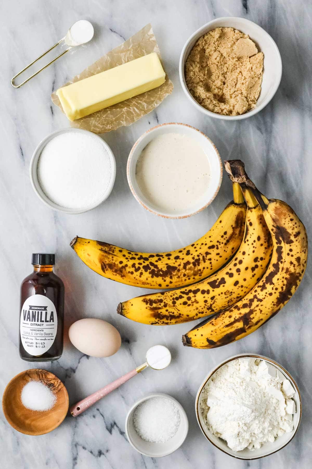 Elevated landscape with ingredients including bananas, brown sugar, sourdough discards and more.