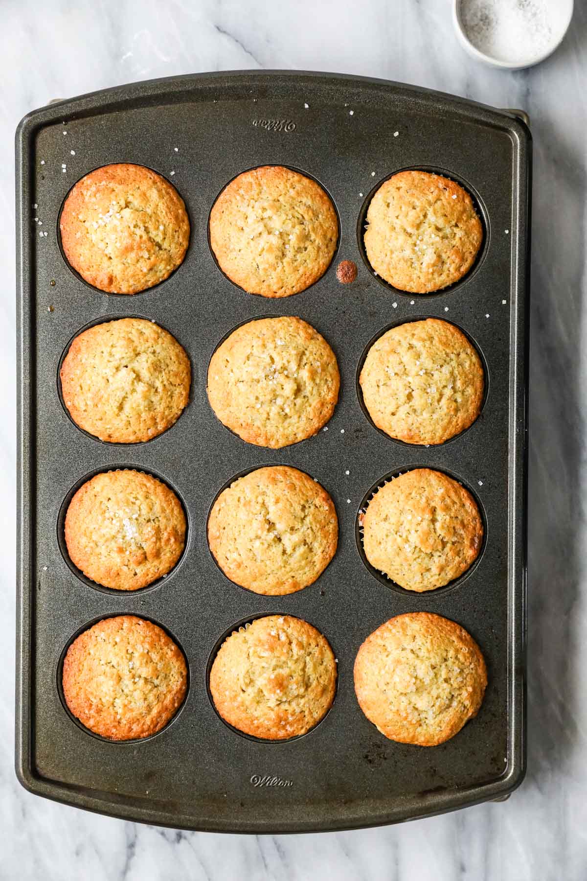 Elevated landscape of baked sourdough muffin pan.