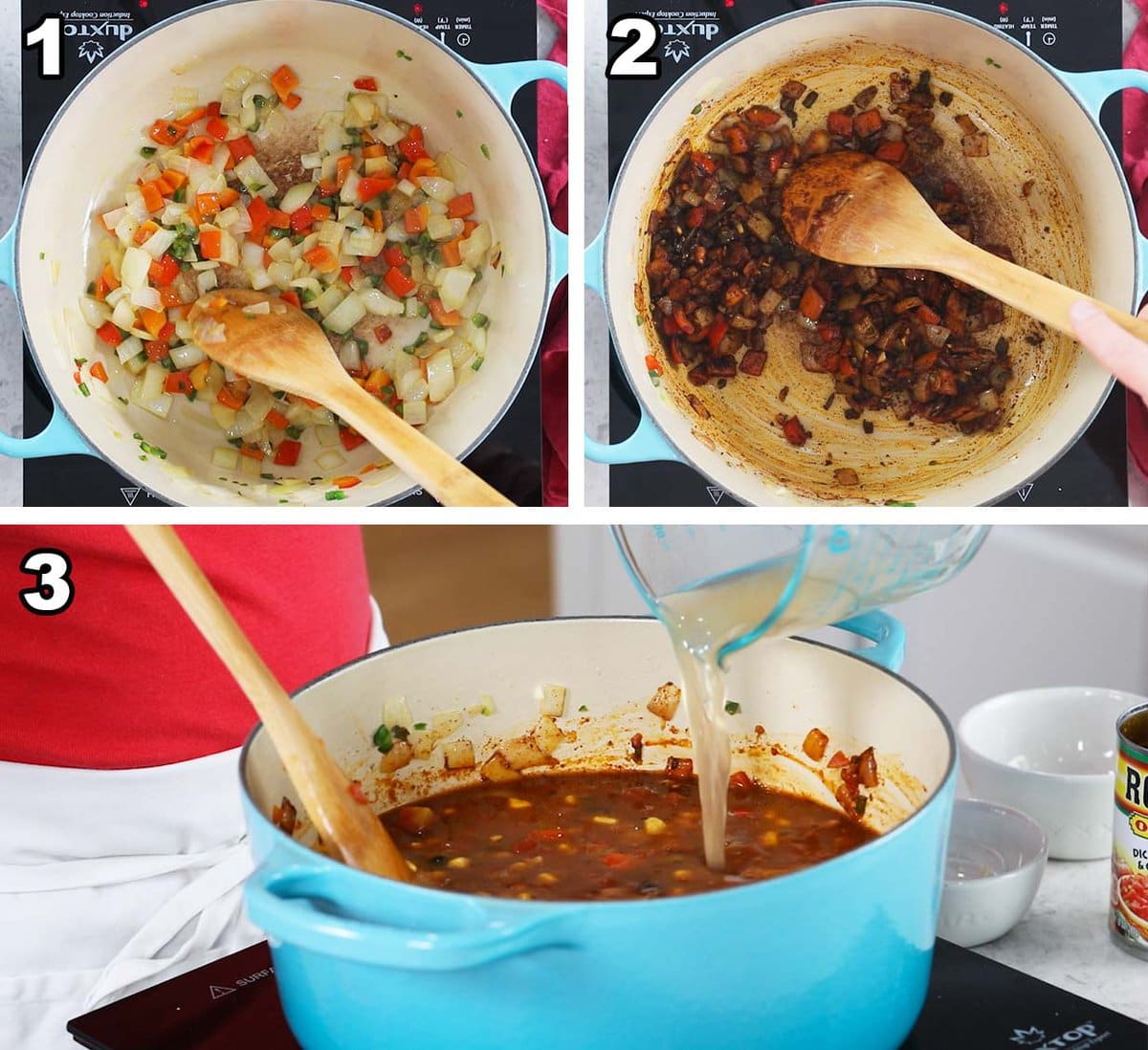 Collage of three photos showing peppers and onions sautéing to form the base of a southwest chicken soup.