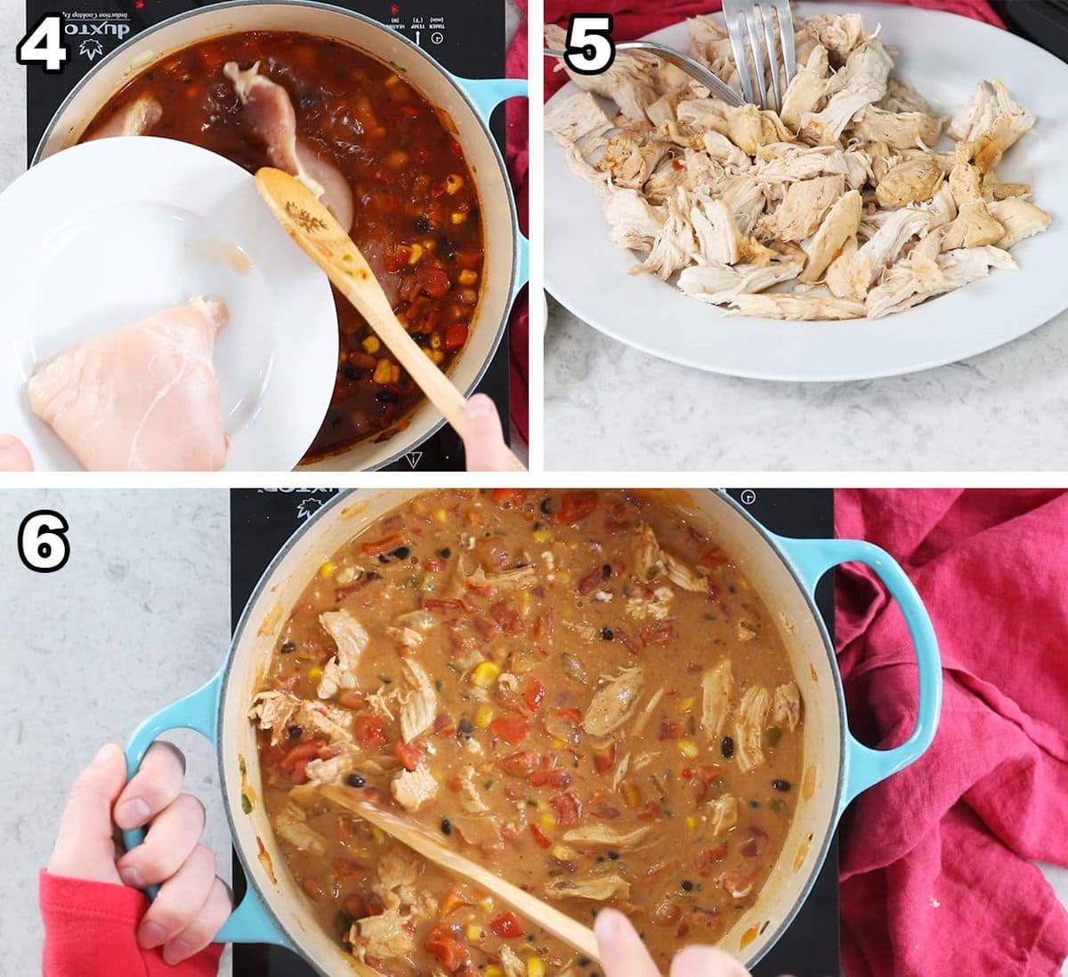 Three photos showing chicken being added to a soup before being shredded and stirred back into the pot.