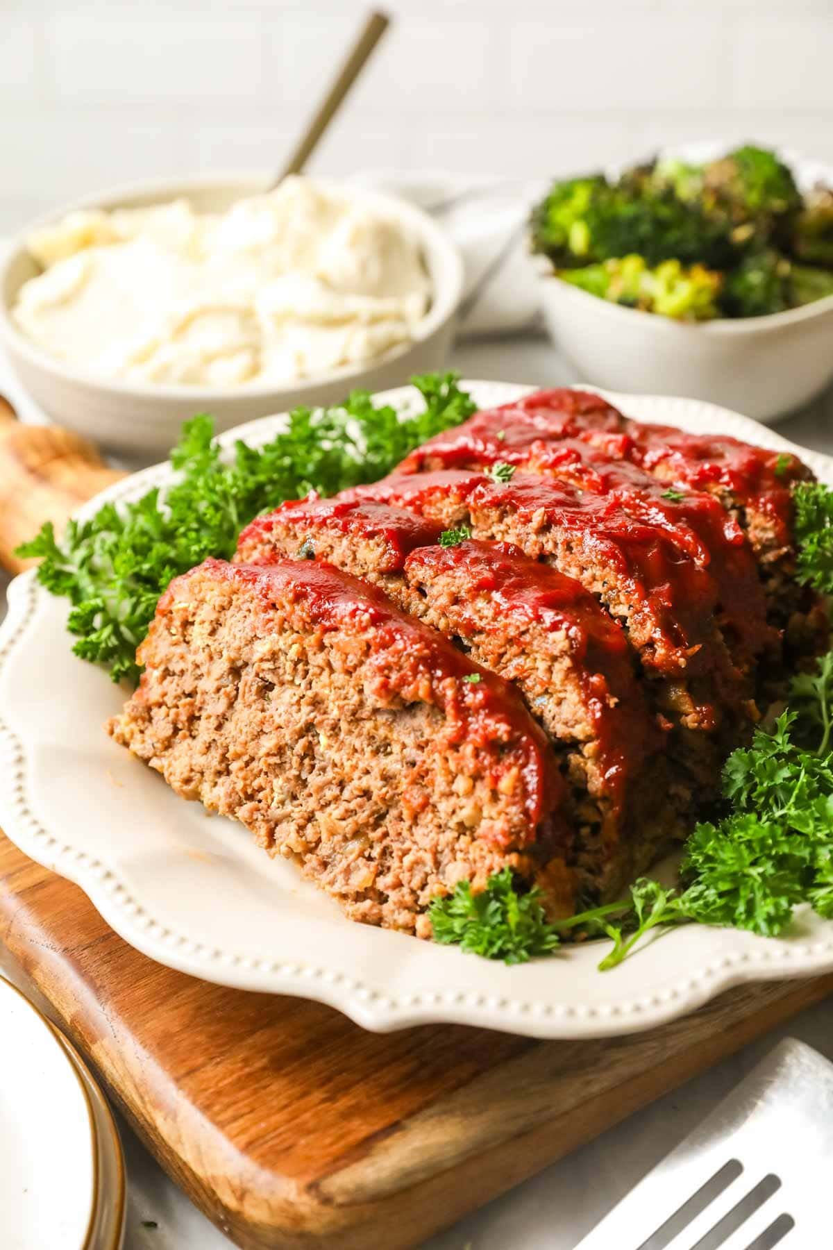 Slices of meatloaf topped with a homemade glaze.