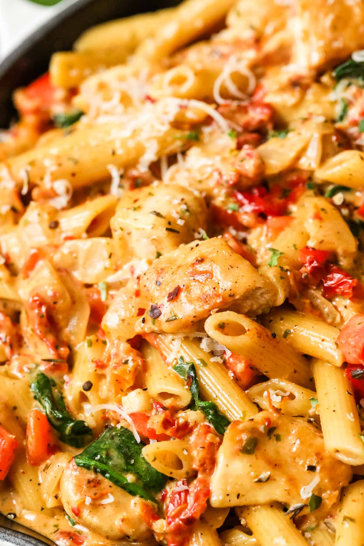 Close-up view of penne pasta and chicken tossed in a sauce made with spinach, sun dried tomatoes, and more.