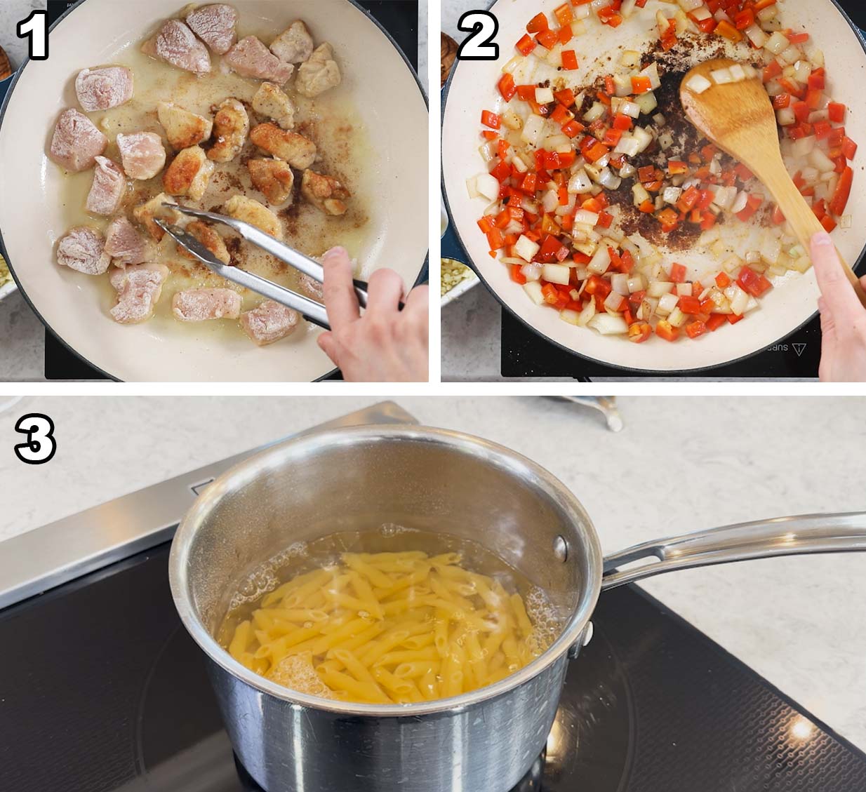 Three photos showing chicken being seared, veggies being sautéed, and pasta boiling.