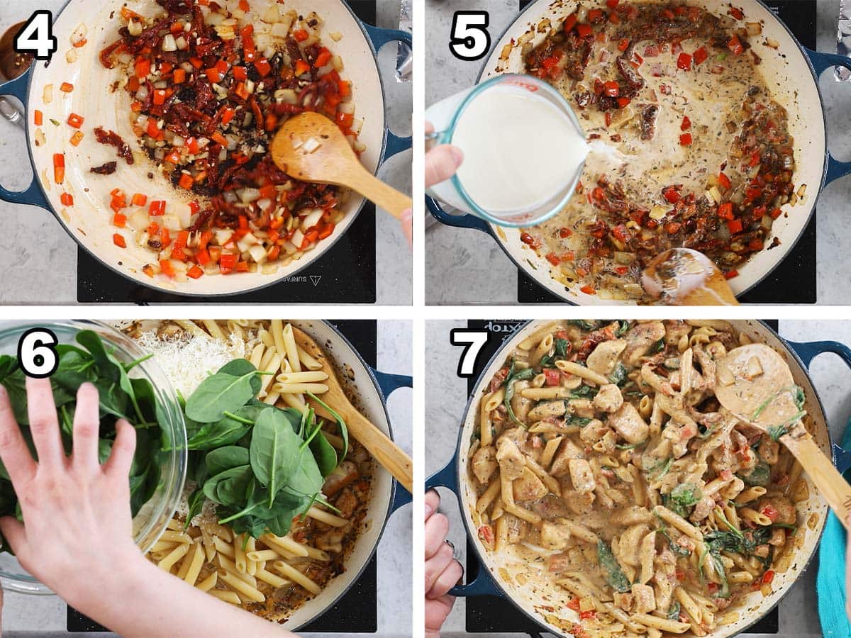 Four photos showing cream being added to peppers and onions before stirring in spinach, parmesan, and pasta.