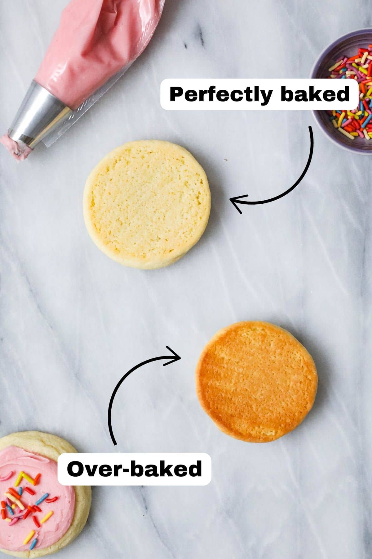 Comparison of the bottoms of two cookies, one properly baked and one over-baked.