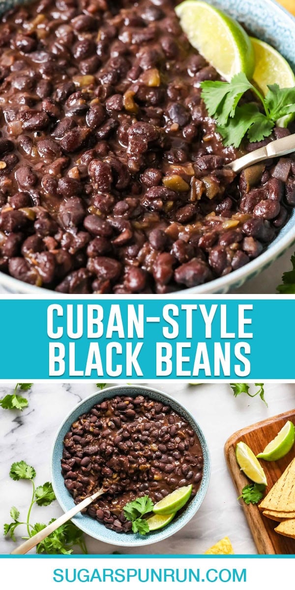 collage of cuban-style black beans, top image is a close up of black beans in bowl, bottom image is same bowl photographed from above