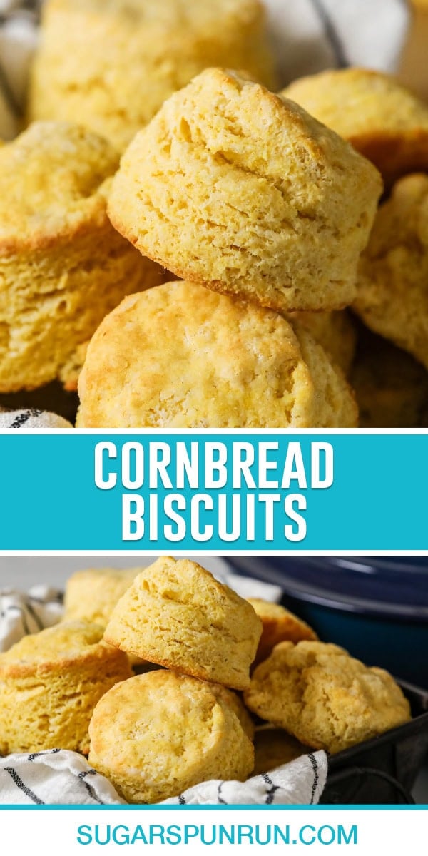 collage of cornbread biscuits, top image is a close up of biscuits, bottom image of biscuits in basket