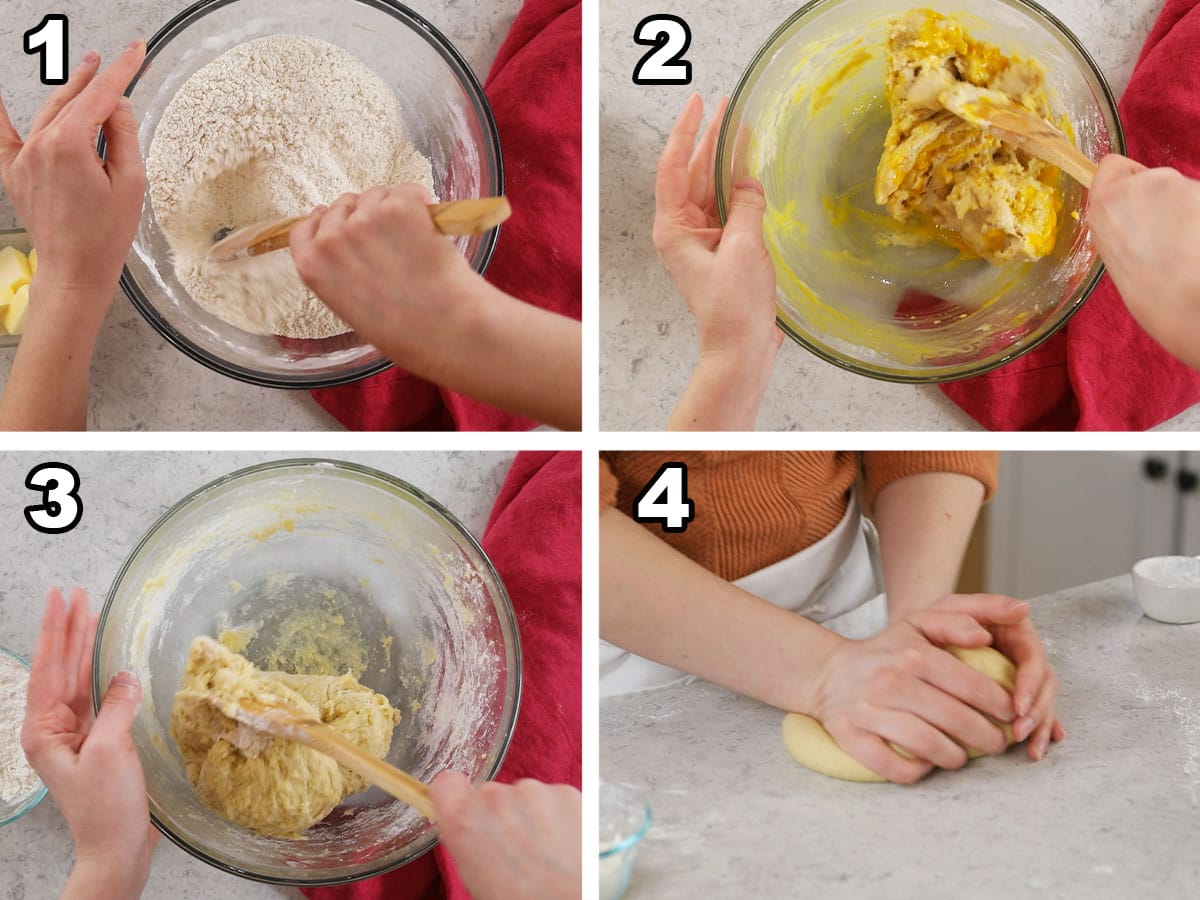 Four photos showing a yeast dough being prepared by hand.