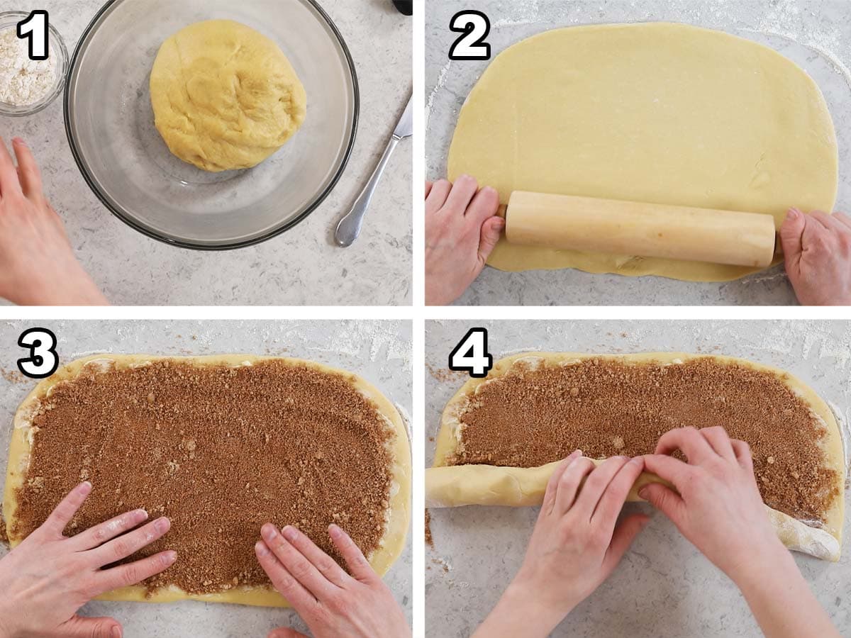 Four photos showing the process of rolling out dough, adding brown sugar and cinnamon, and rolling into a log.