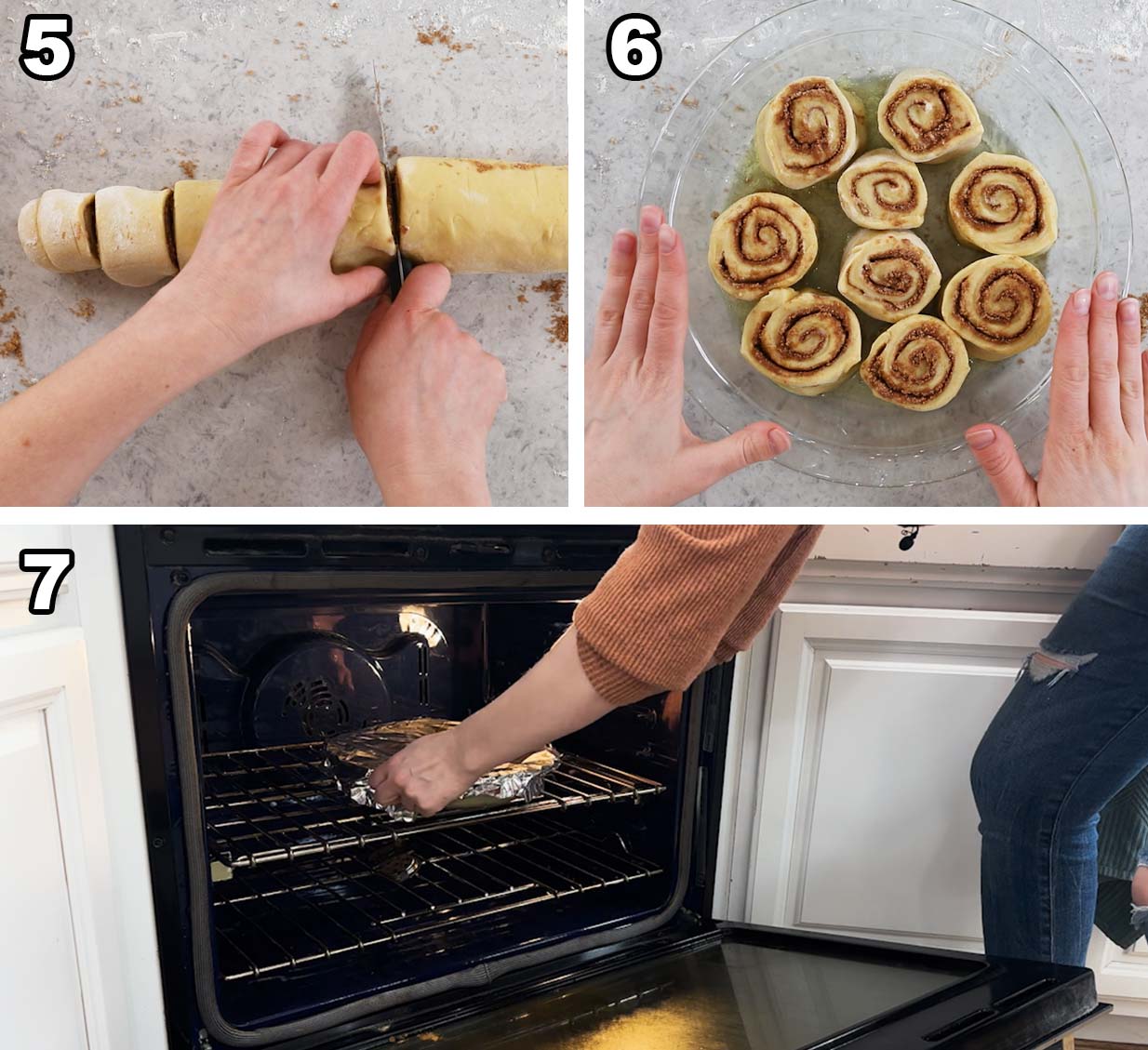 Three photos showing a log of cinnamon roll dough being cut, placed in a pie plate, and put into a warm oven to rise.