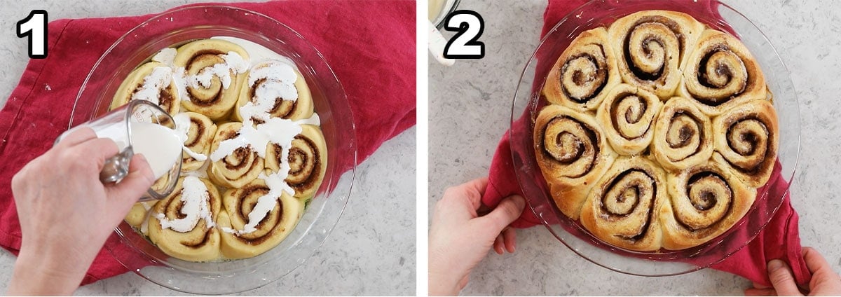 Two photos showing cinnamon rolls being topped with heavy cream before baking.