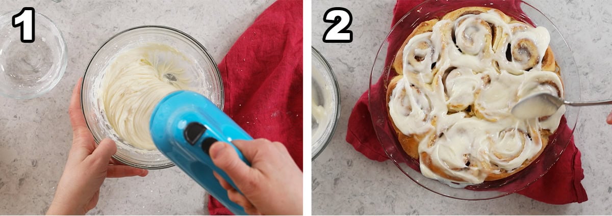 Two photos showing a cream cheese frosting being mixed before adding to cinnamon rolls.