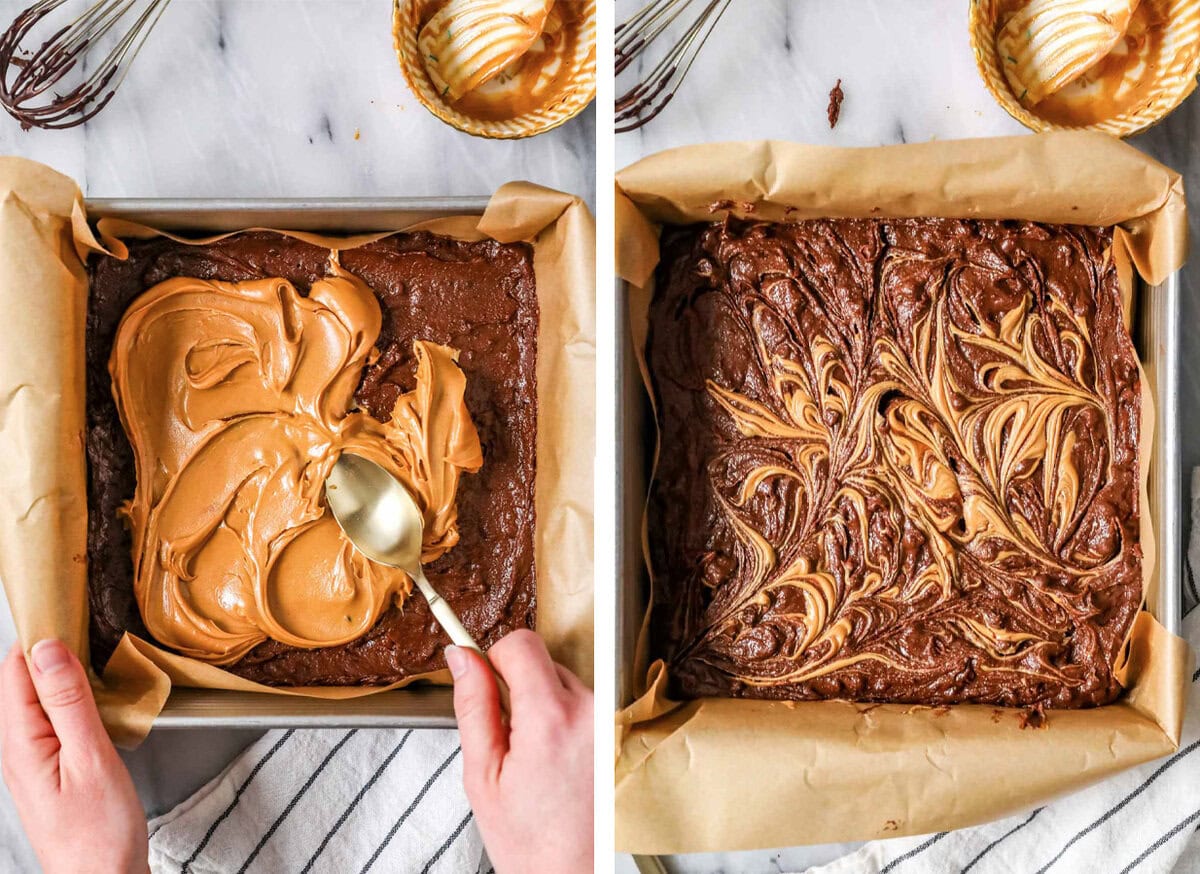 Two images showing how to spread and then swirl peanut butter on top of brownie batter