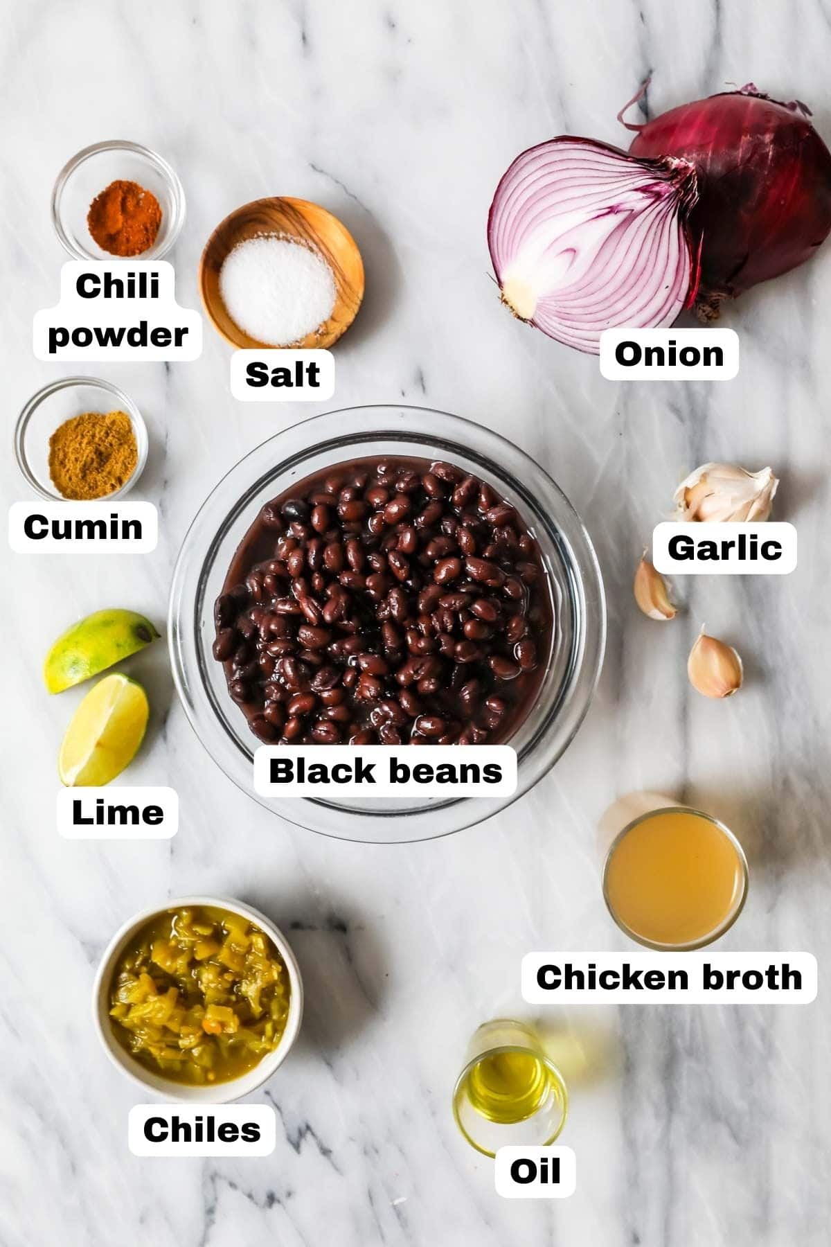 Overhead view of labeled ingredients including black beans, red onion, green chiles, and more.