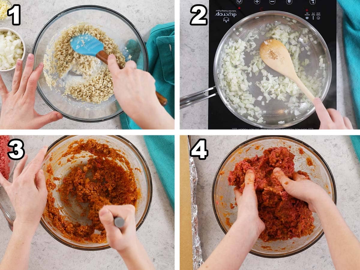 Four photos showing a meatloaf base being prepared by first making a panade and then sautéing onions and tomato paste.