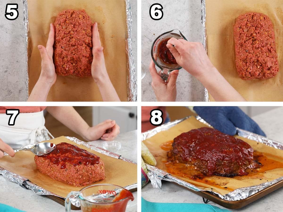 Four photos showing a meatloaf being formed and glazed before baking.