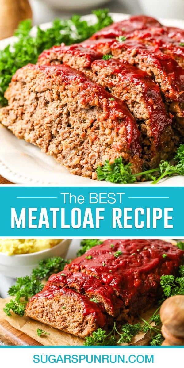 collage of meatloaf, top image is a close up of meatloaf on white serving dish, bottom image of full loaf on wood cutting board sliced