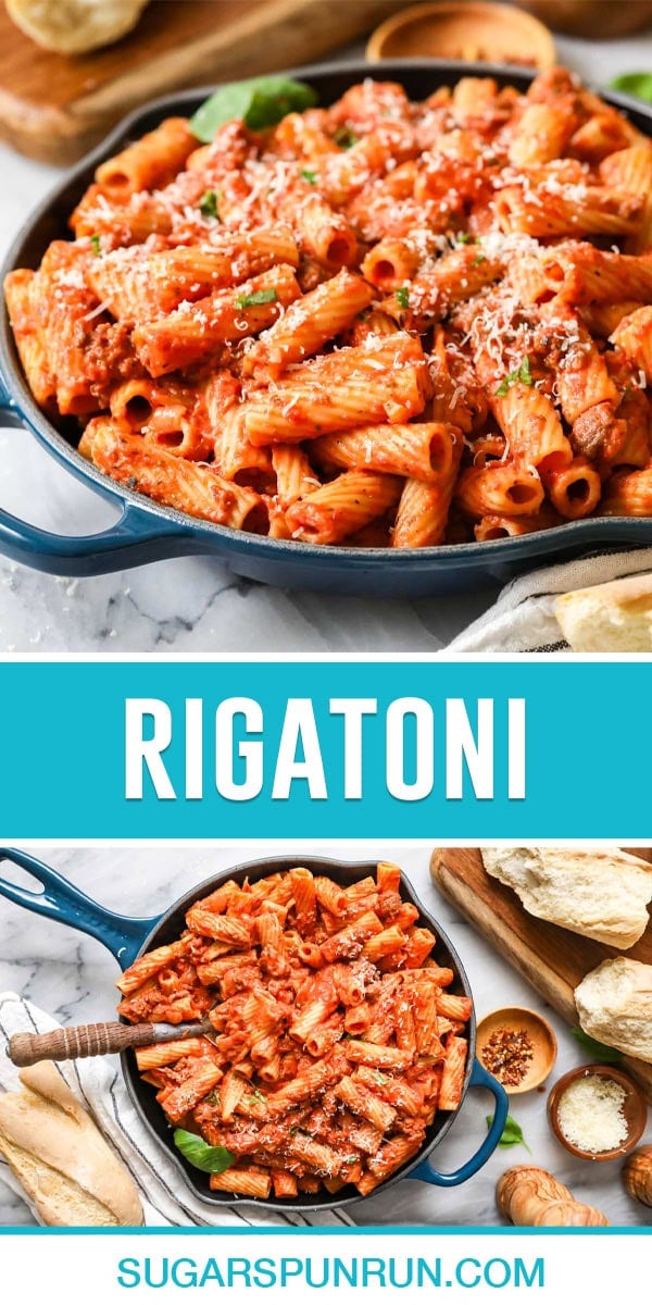 collage of rigatoni, top image is a close up of rigatoni in pan, bottom image same image photographed from above.