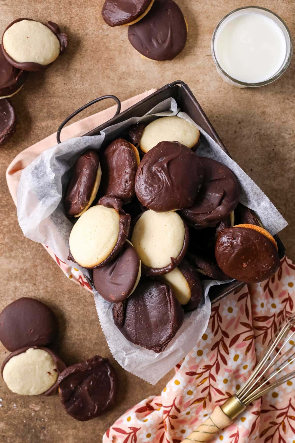 Overhead view of berger cookies in a metal baking pan.