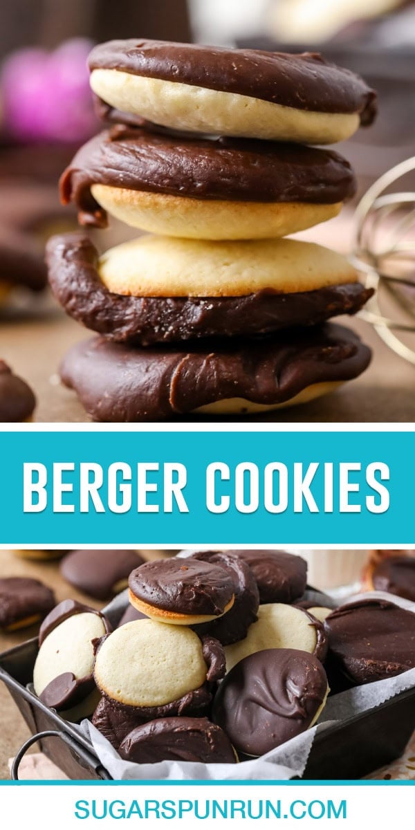Berger cookie collage, top image of four cookies stacked, bottom image of multiple cookies in tin basket ready to serve