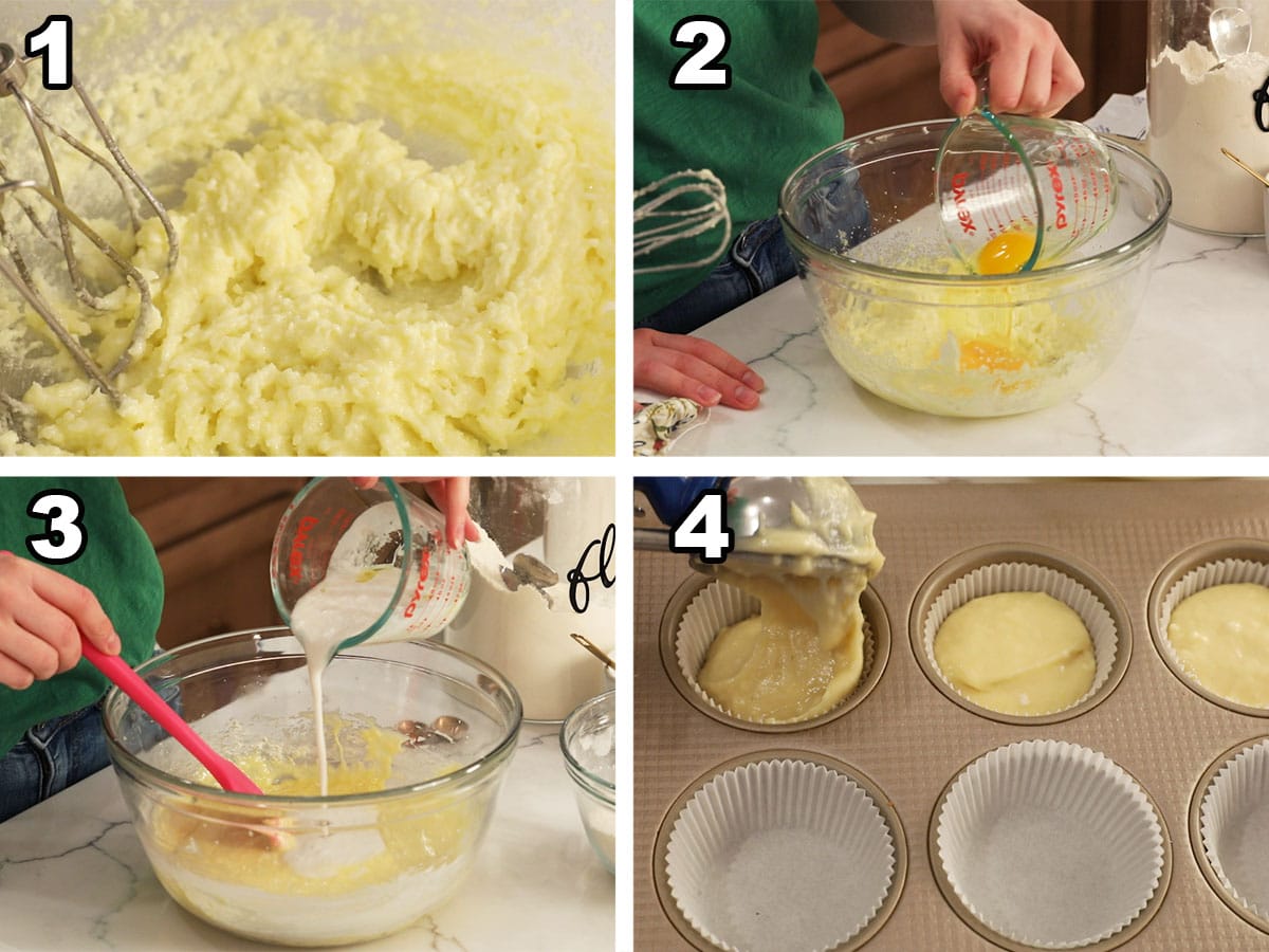 Four photos showing coconut cupcake batter being prepared and portioned into liners.