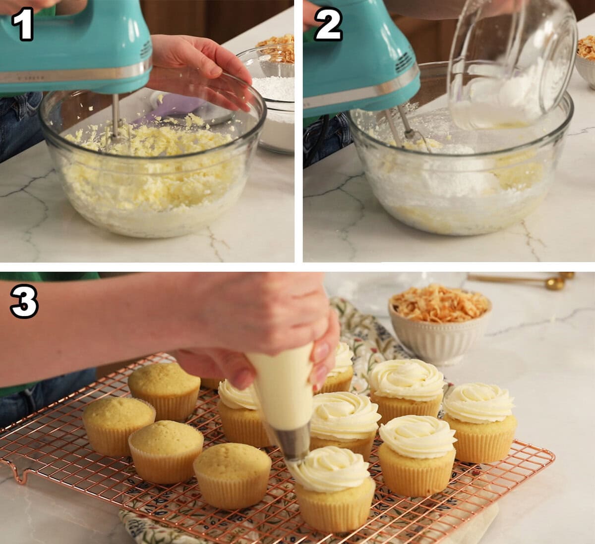 Three photos showing coconut cream cheese frosting being prepared and piped over cupcakes.