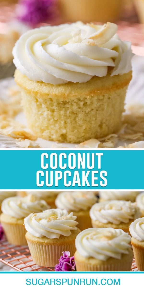 collage of coconut cupcakes, top image is a single image photographed close up, bottom image of mutliple cupcakes frosted on wire rack