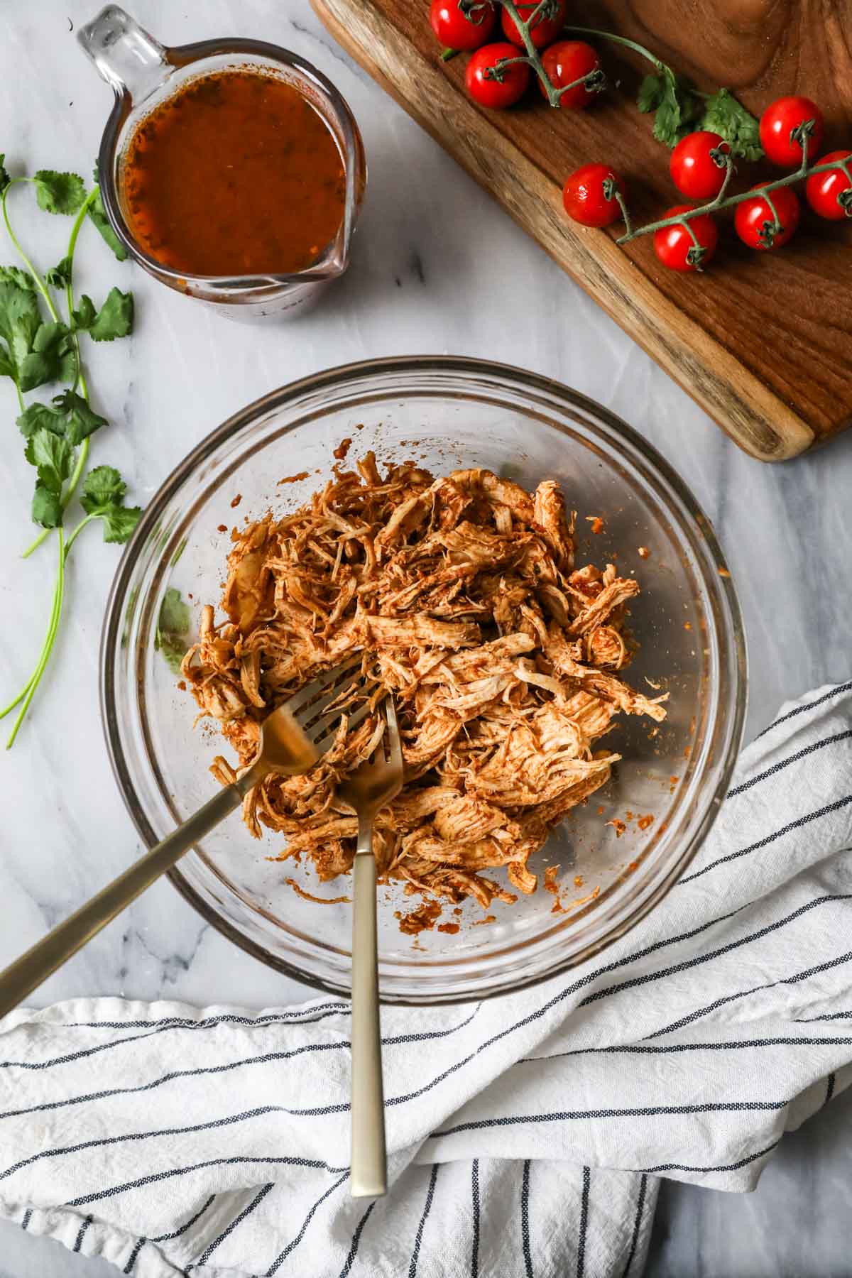 Elevated view of a bowl of seasoned chicken breast.