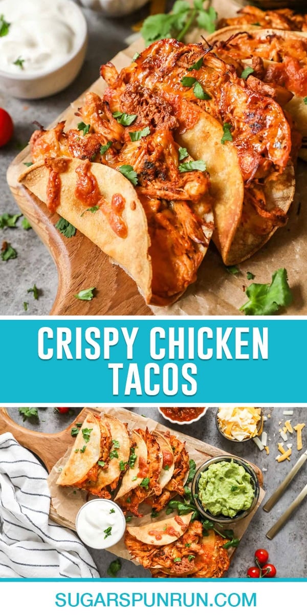 Collage of crispy chicken tacos, top image is a close-up of three tacos, bottom image is a photo of multiplying tacos from the wooden board taken from above
