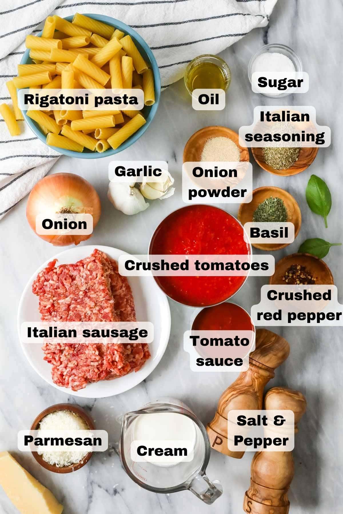 Overhead view of labeled rigatoni ingredients.