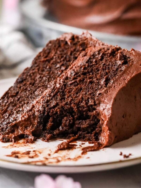 Slice of sourdough chocolate cake with a bite missing.