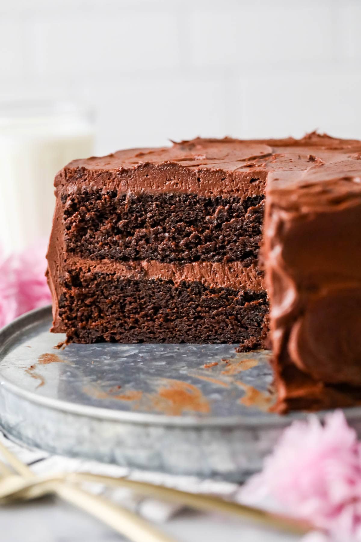 Cross section of a chocolate sourdough layer cake.