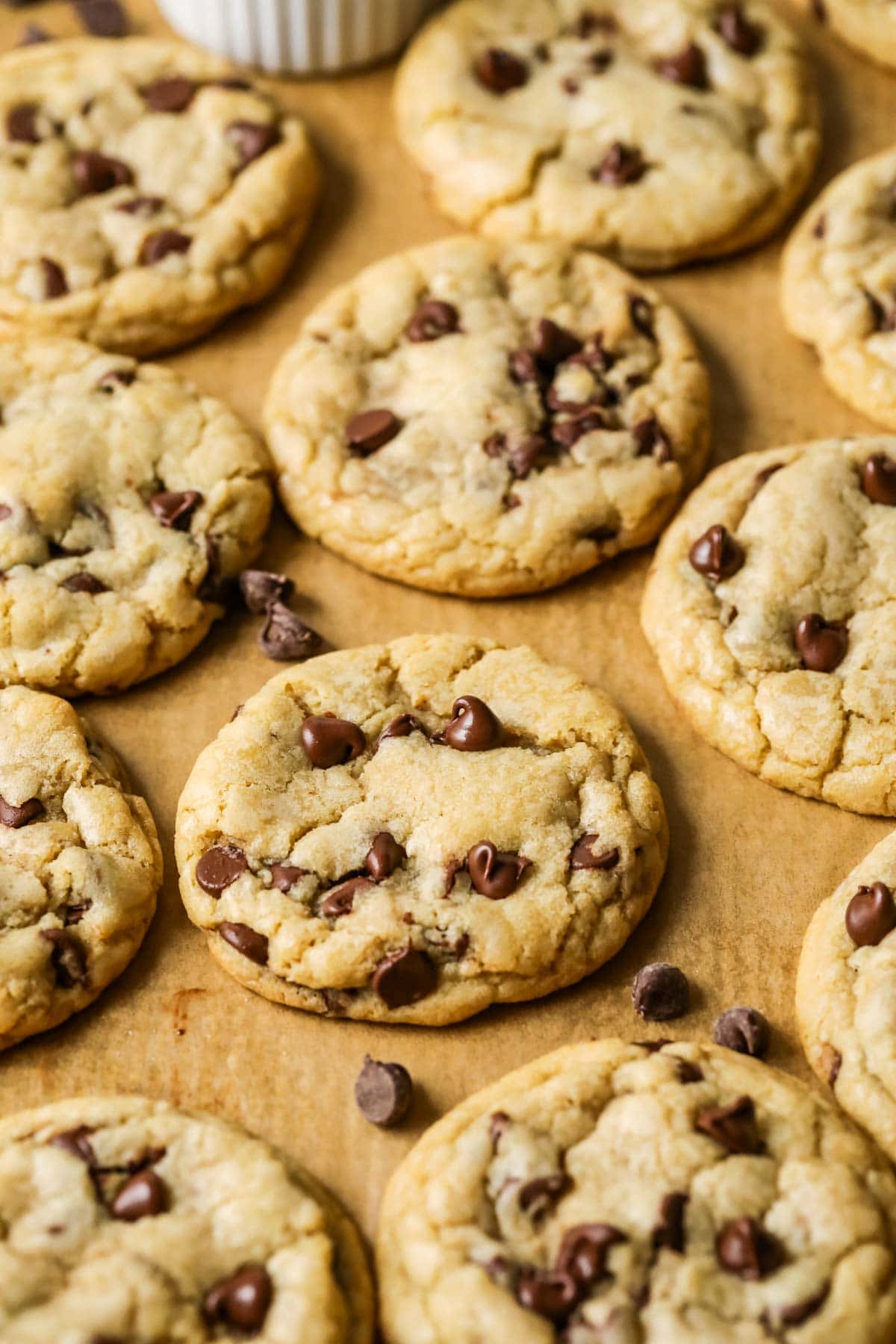 Overhead view of the best chocolate chip cookies on a baking sheet after baking.