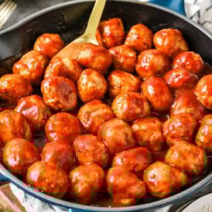 BBQ chicken meatballs in a skillet.
