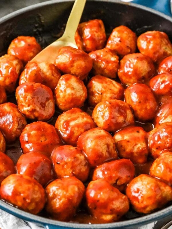 BBQ chicken meatballs in a skillet.