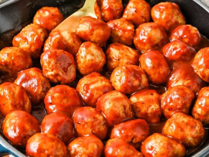 BBQ chicken meatballs in a skillet.