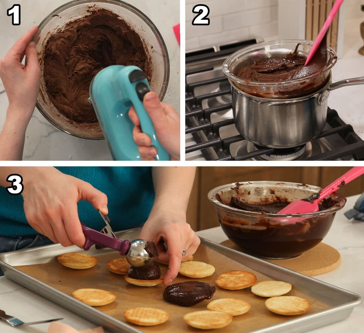 Making, melting, and pouring the frosting over the berger cookies (3 photos)
