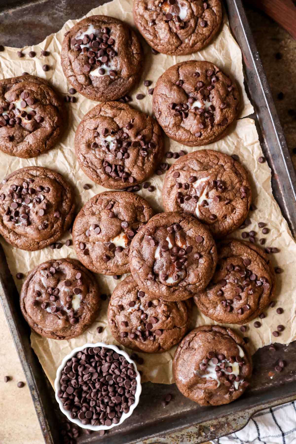 Overhead view of black bottom cookies on a cookie sheet.