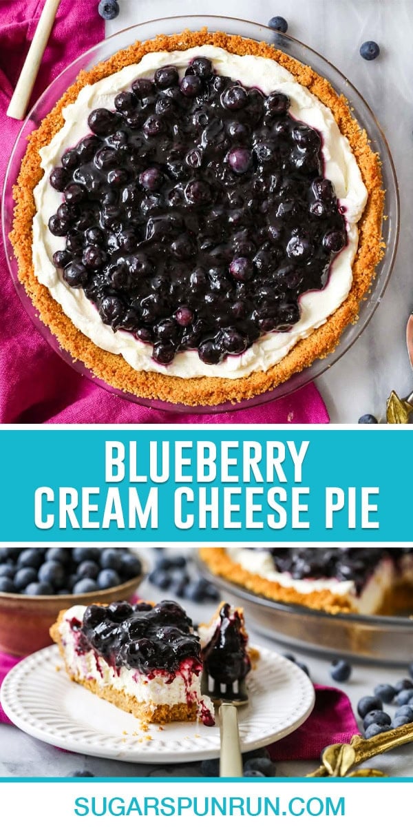 collage of blueberry cream cheese pie, time image is a birds eye view of full pie, bottom image is a close up of a single slice on white plate with a fork filled bite
