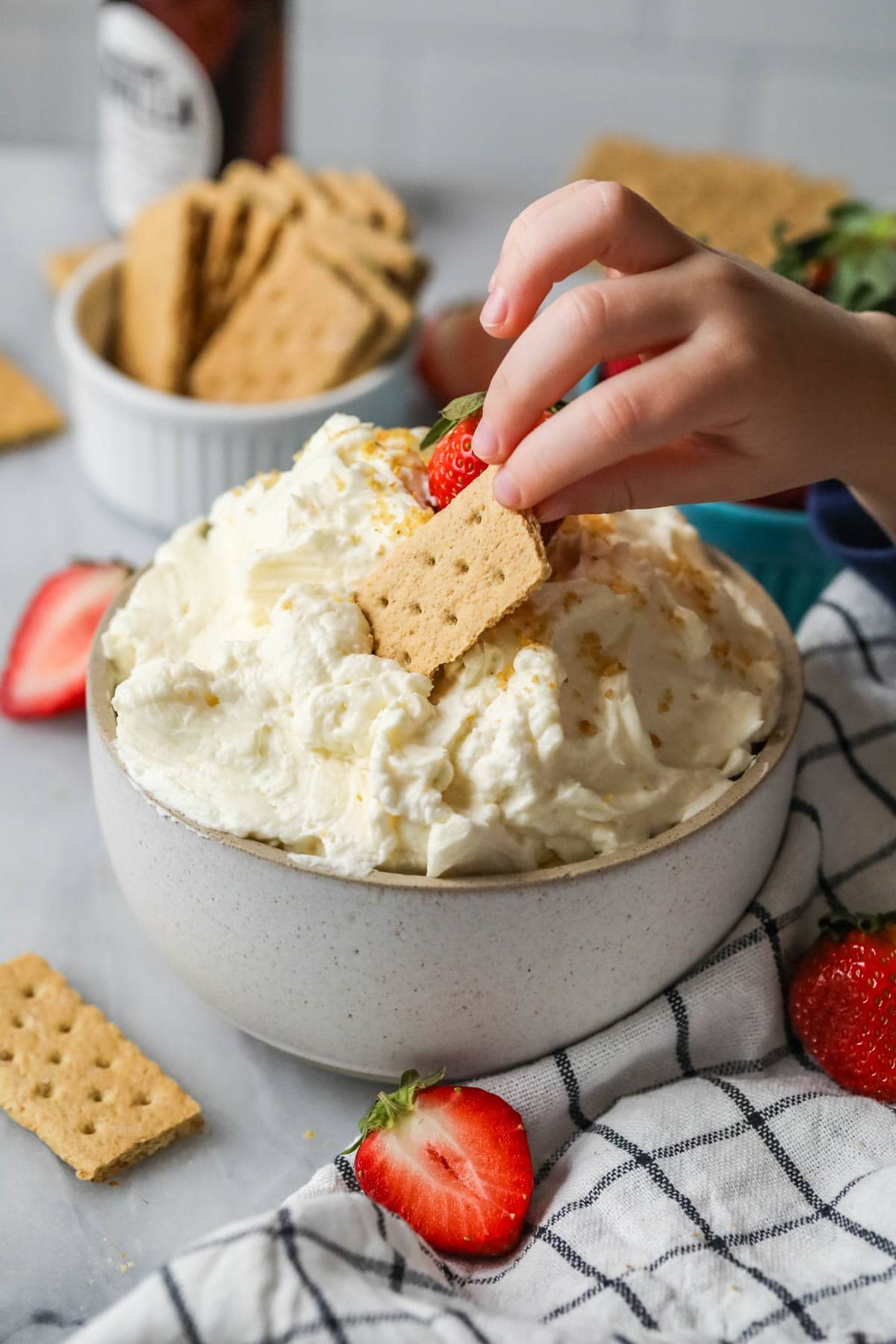 Graham cracker being dipped into a bowl of cheesecake dip.