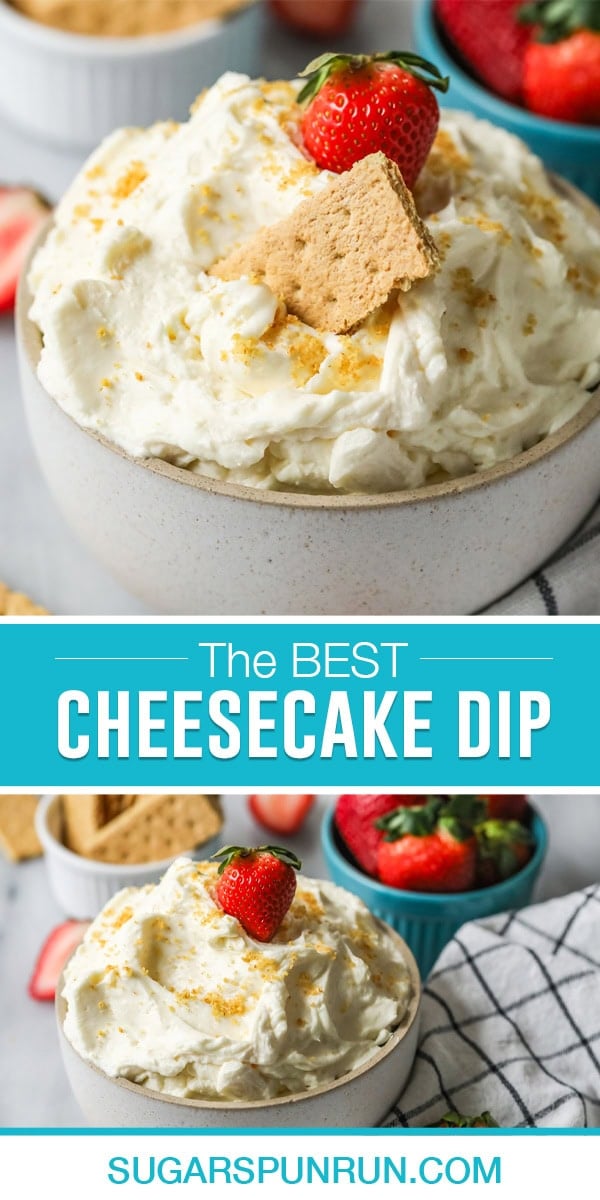 cheesecake dip collage, top image close up of bowl full of cheesecake with strawberry and single graham cracker inside, bottom image same bowl photographed further away