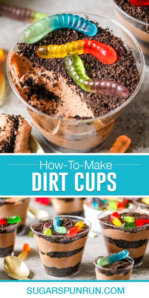 collage of dirt cups, top image is a single dirt cip with a few bites taken out and worms on top, bottom image is a few with multiple cups nicely spread out