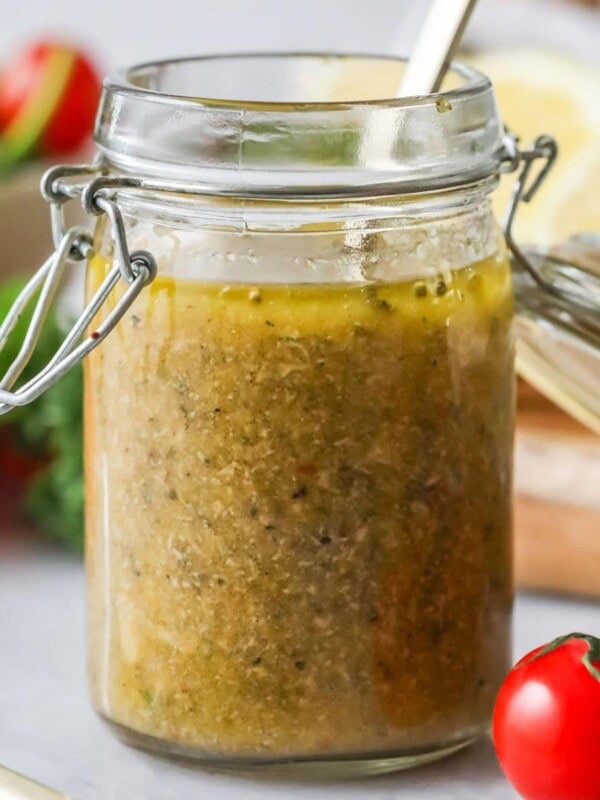 Jar of Italian dressing made from a homemade Italian dressing recipe.